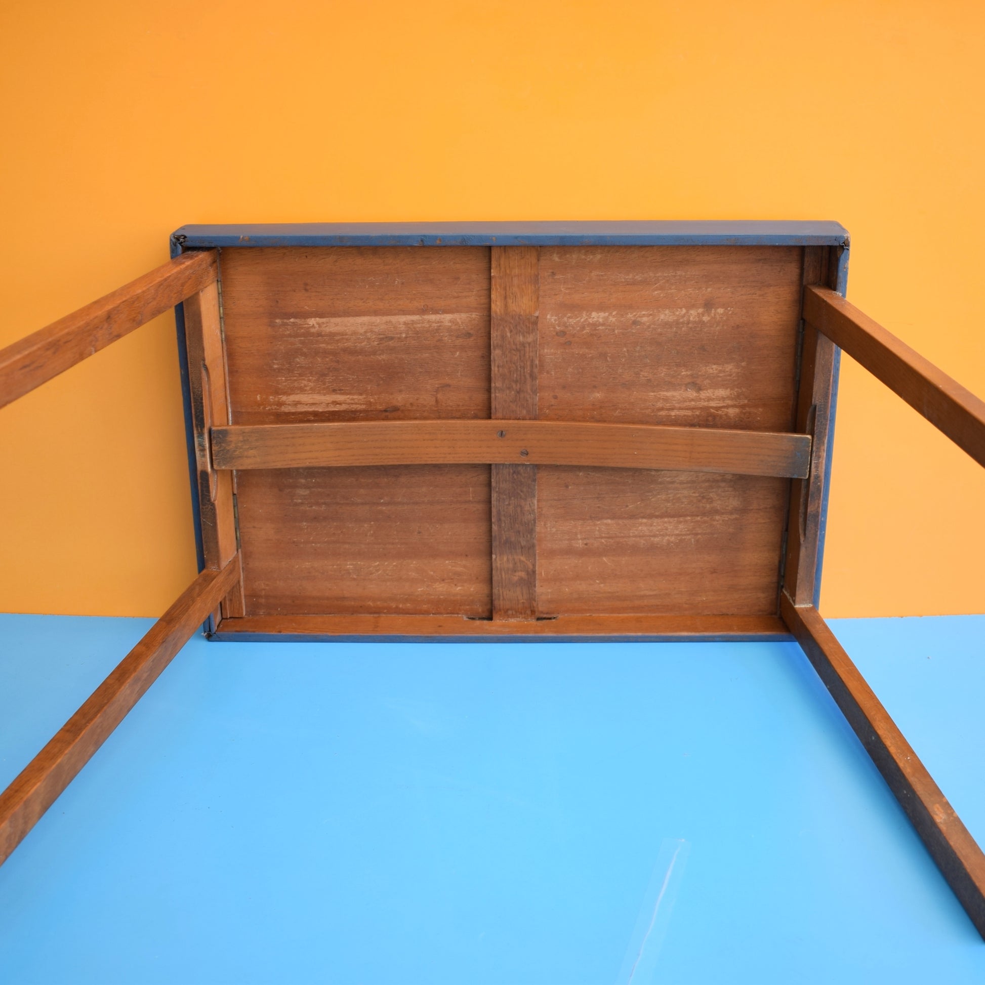 Vintage 1960s Folding Wooden Table - Blue Geometric by Vintage