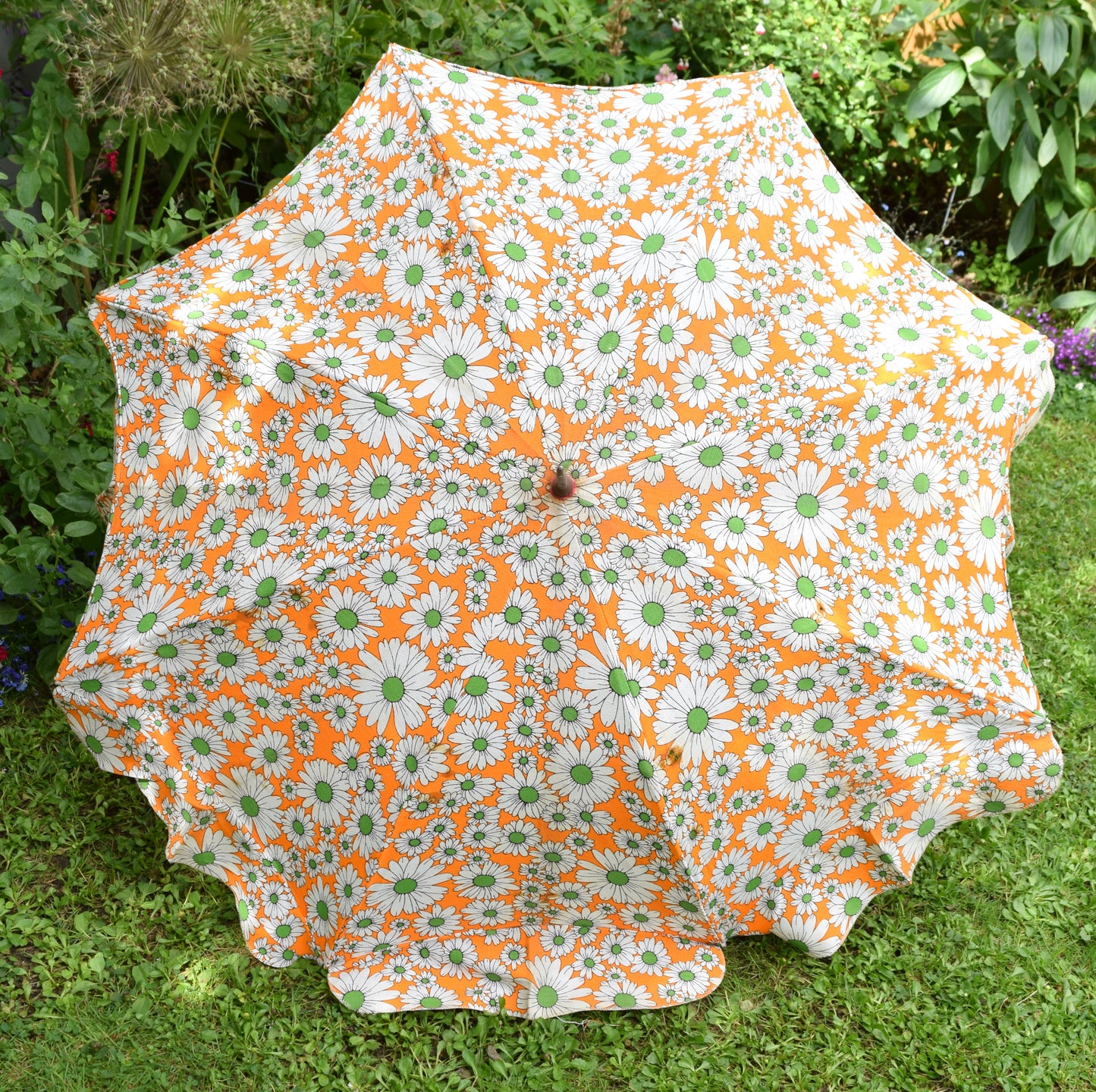 Vintage 1960s Folding Clip On Garden Parasol - Flower Power - Orange & Green