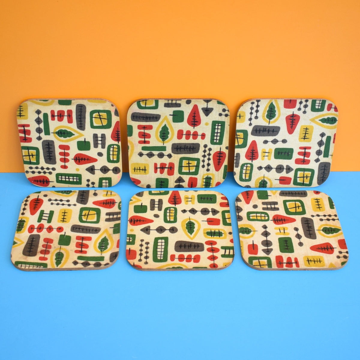 Vintage 1950s Cork Backed Place Mats x6 - Yellow, Red, Green