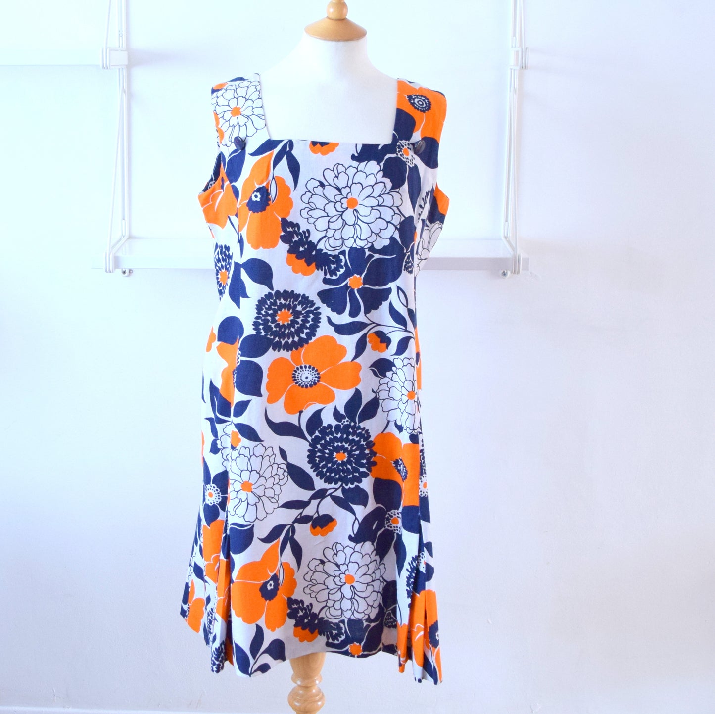 Vintage 1960s Cotton Midi Dress - Blue & Orange - Flower Power sz 16 ish