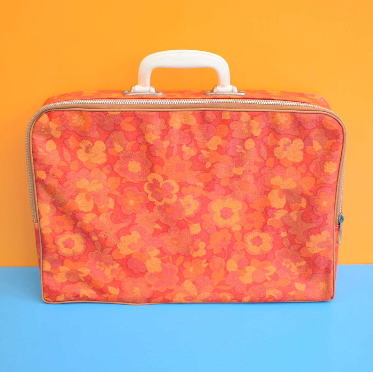 Vintage 1960s Vinyl Suitcase - Flower Power - Orange
