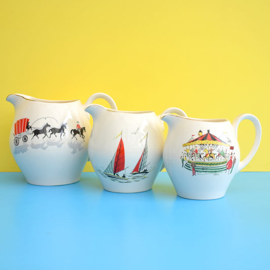 Vintage 1950s Kitsch Alfred Meakin Custard Jugs - Carousel , Red Sails & Covered Wagon