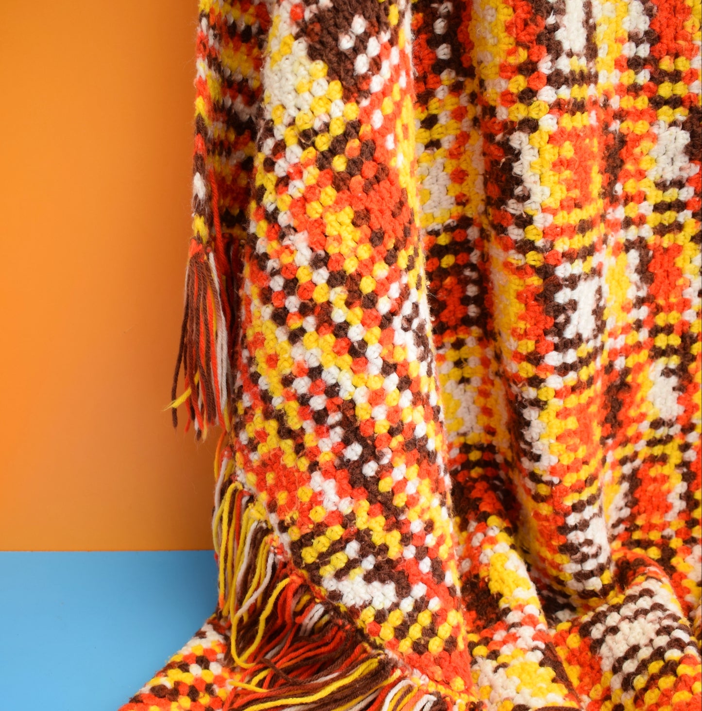 Vintage 1970s Knitted Blanket / Throw - Orange