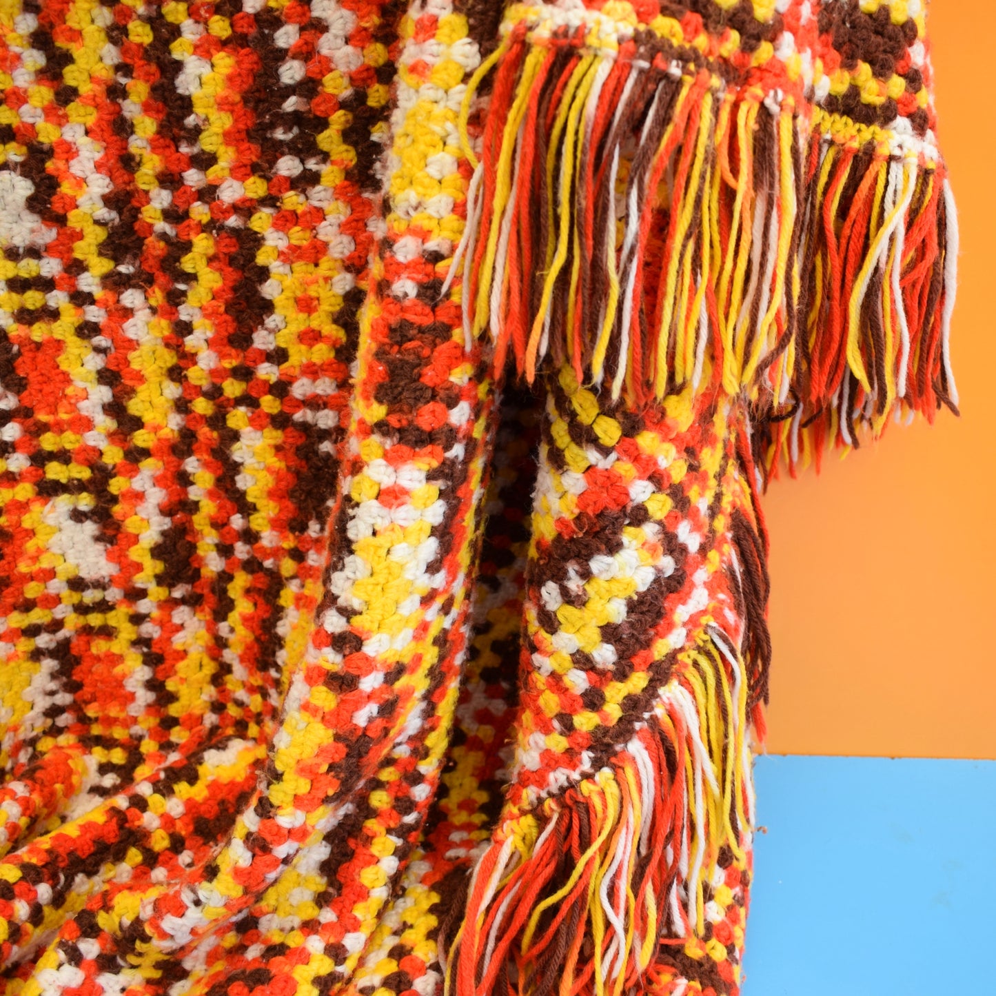 Vintage 1970s Knitted Blanket / Throw - Orange