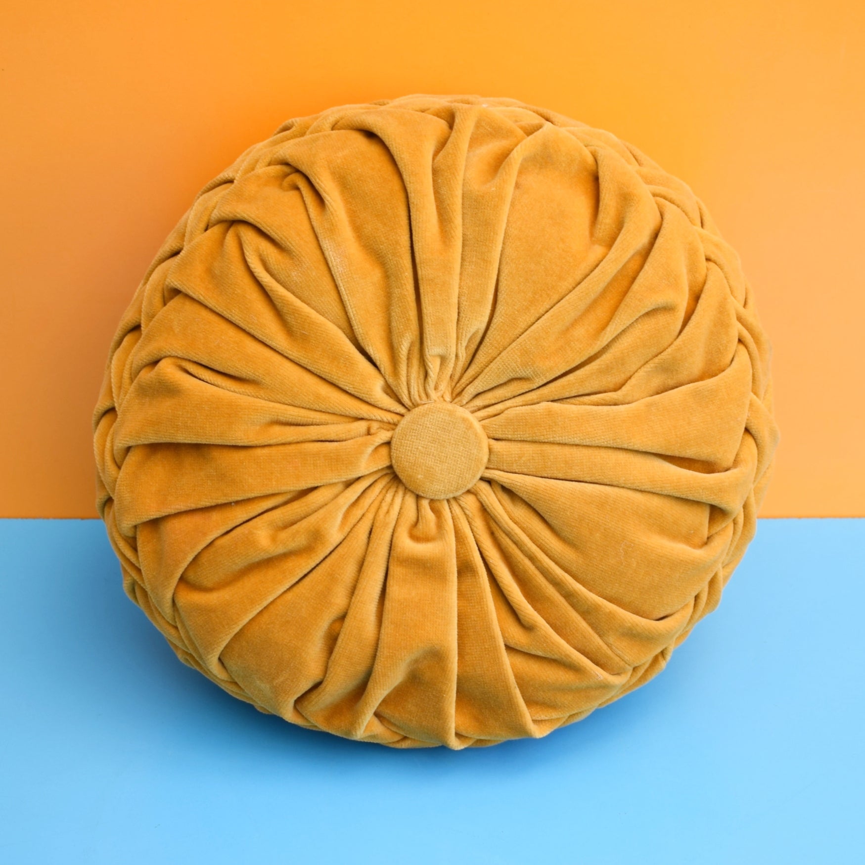 Vintage 1960s Cushion - Round, Pleated Velvet - Mustard Yellow by Pineapple Retro