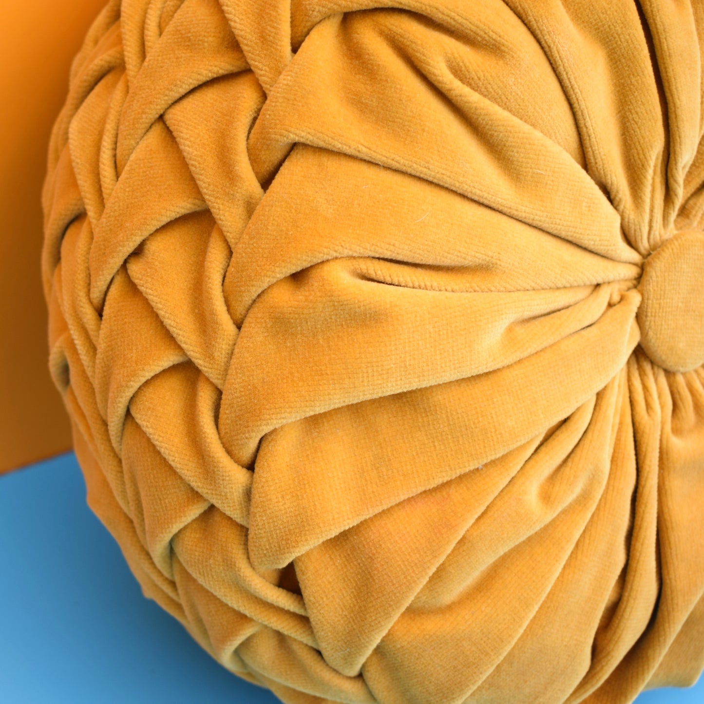 Vintage 1960s Cushion - Round, Pleated Velvet - Mustard Yellow by Pineapple Retro