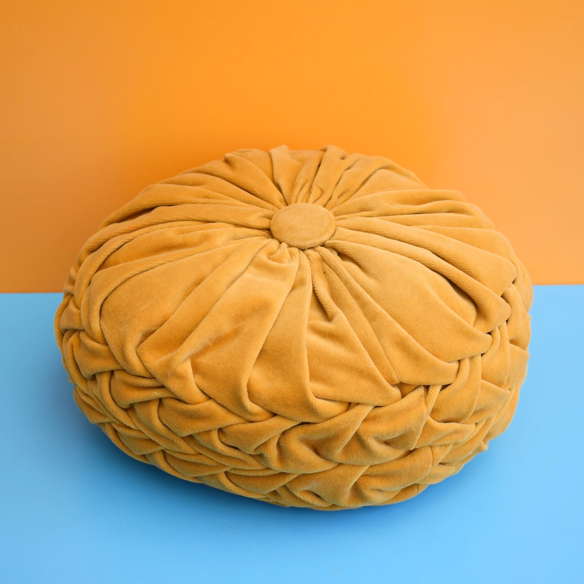 Vintage 1960s Cushion - Round, Pleated Velvet - Mustard Yellow by Pineapple Retro
