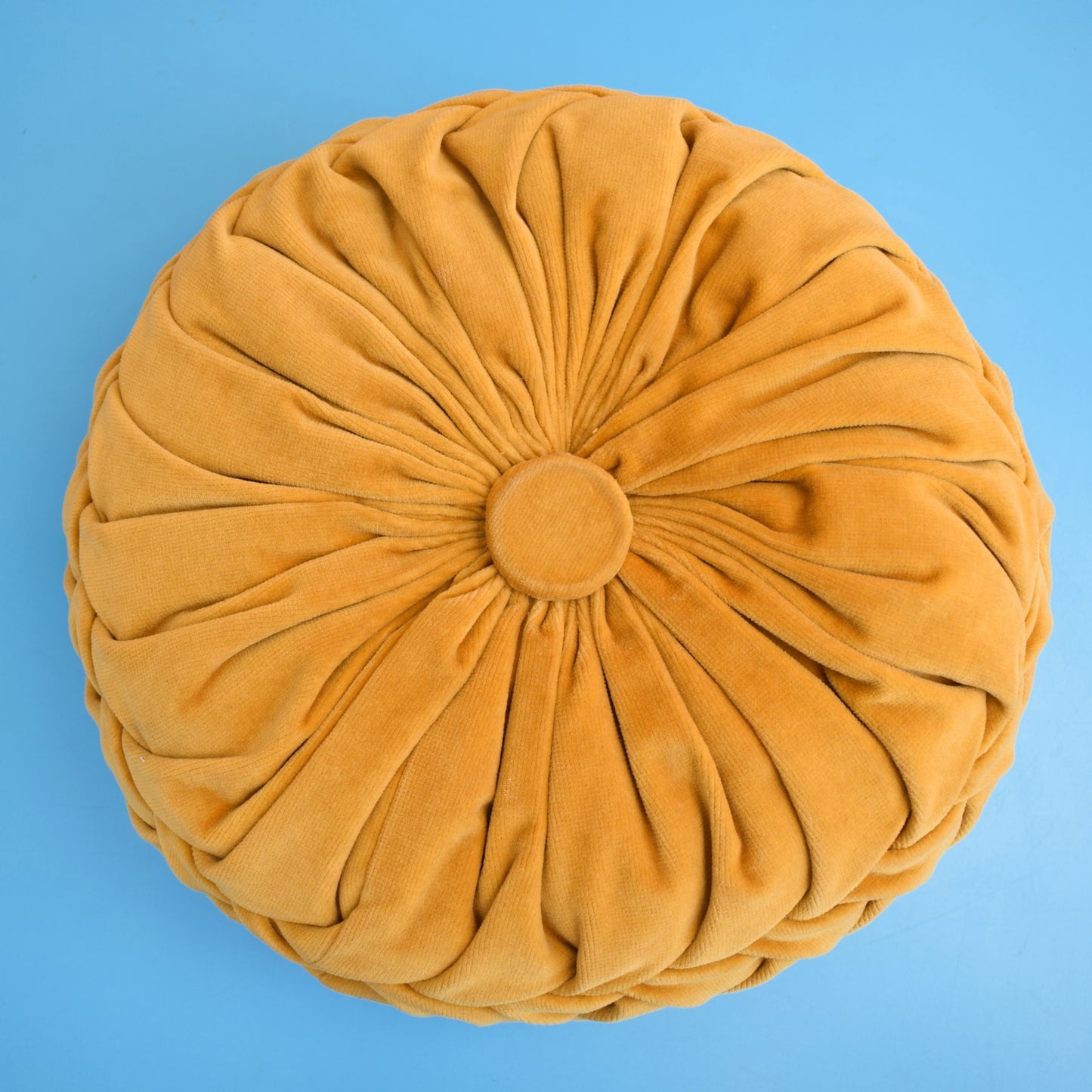 Vintage 1960s Cushion - Round, Pleated Velvet - Mustard Yellow by Pineapple Retro