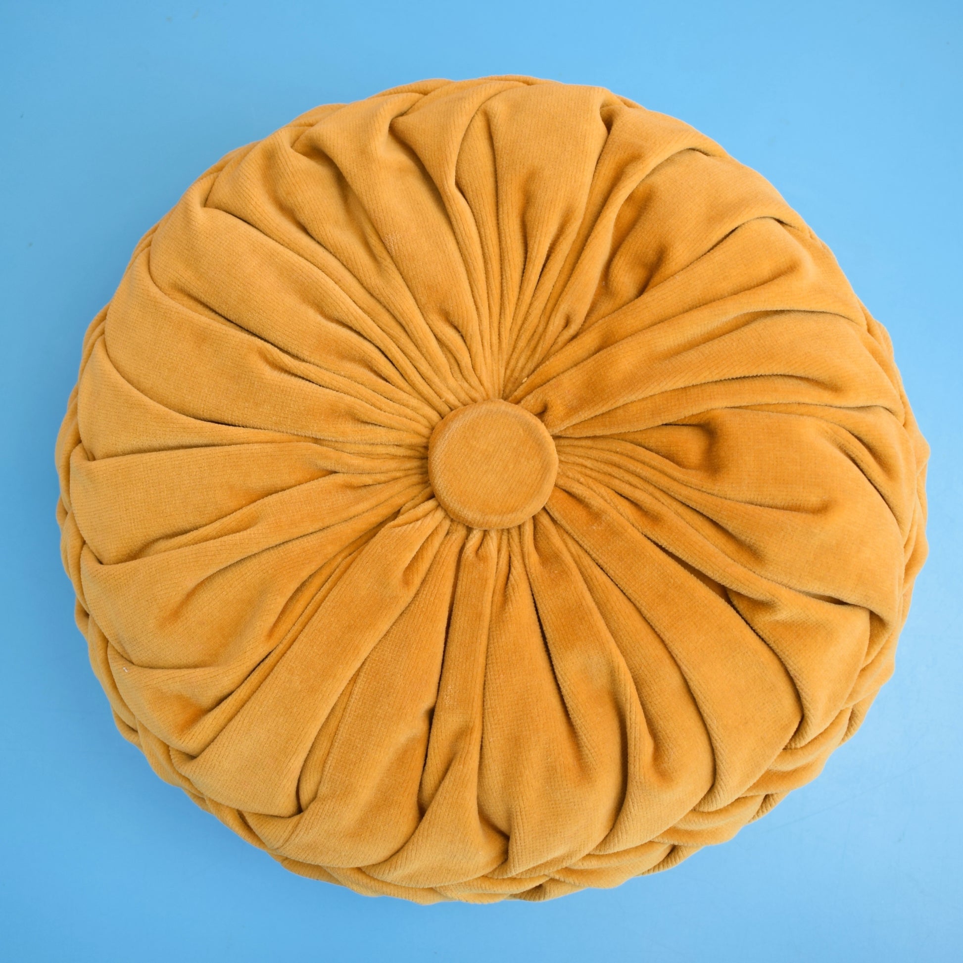 Vintage 1960s Cushion - Round, Pleated Velvet - Mustard Yellow by Pineapple Retro