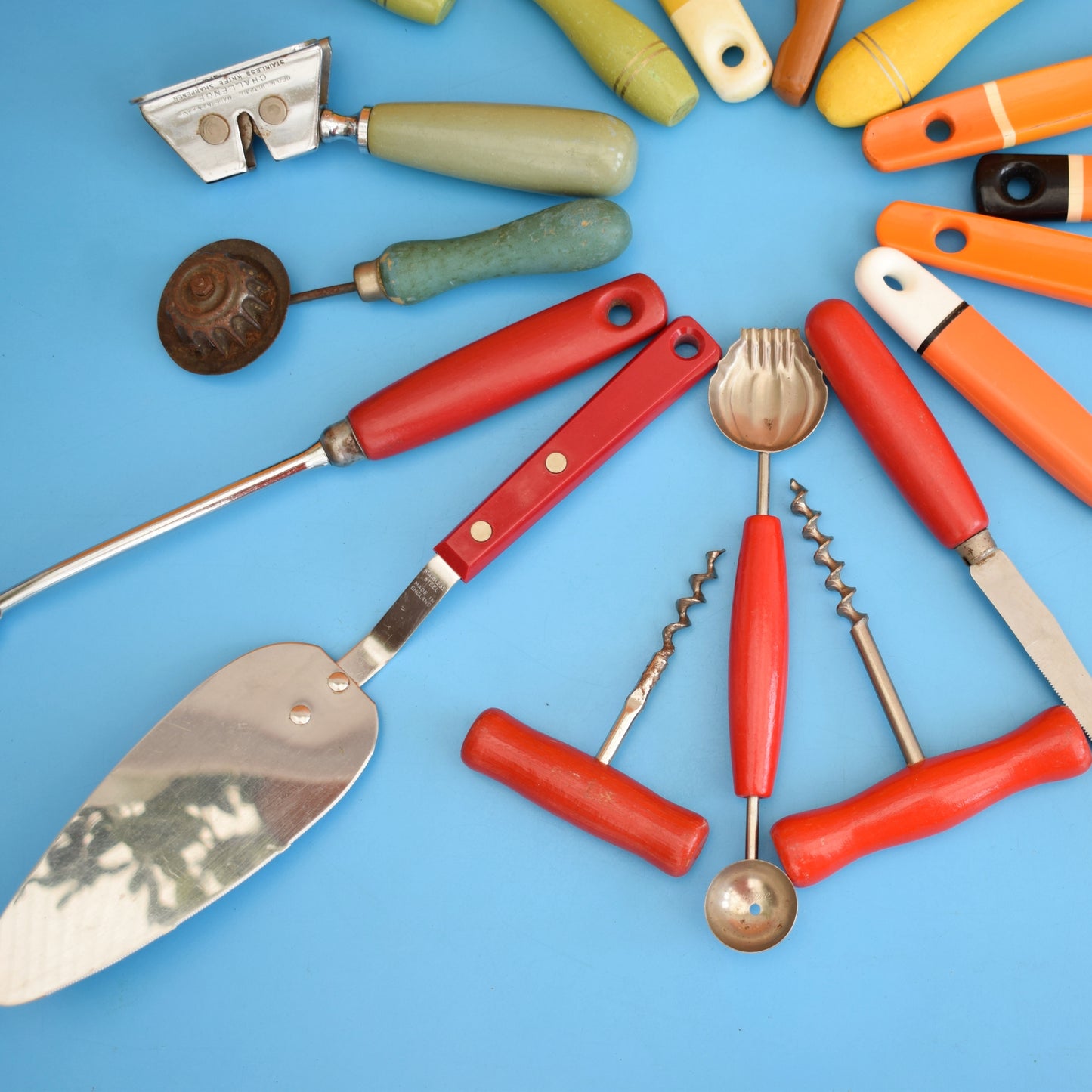 Vintage 1960s Kitchen Utensils - Plastic / Wood Handles - Rainbow Colours