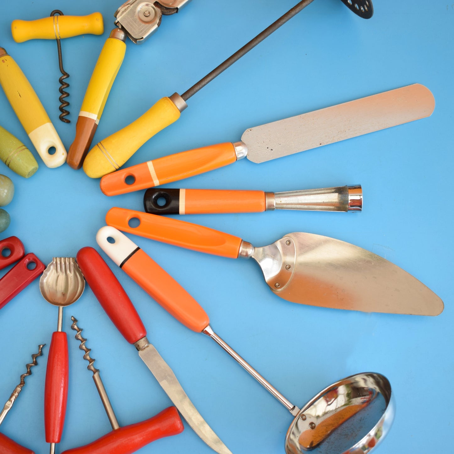 Vintage 1960s Kitchen Utensils - Plastic / Wood Handles - Rainbow Colours