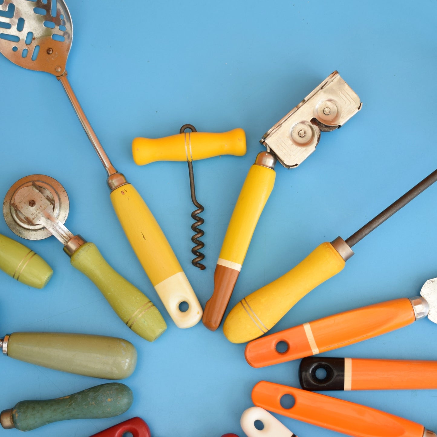 Vintage 1960s Kitchen Utensils - Plastic / Wood Handles - Rainbow Colours
