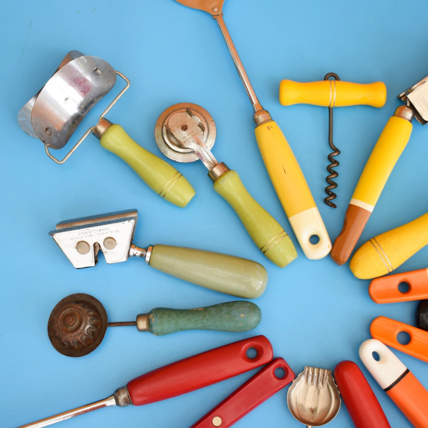 Vintage 1960s Kitchen Utensils - Plastic / Wood Handles - Rainbow Colours