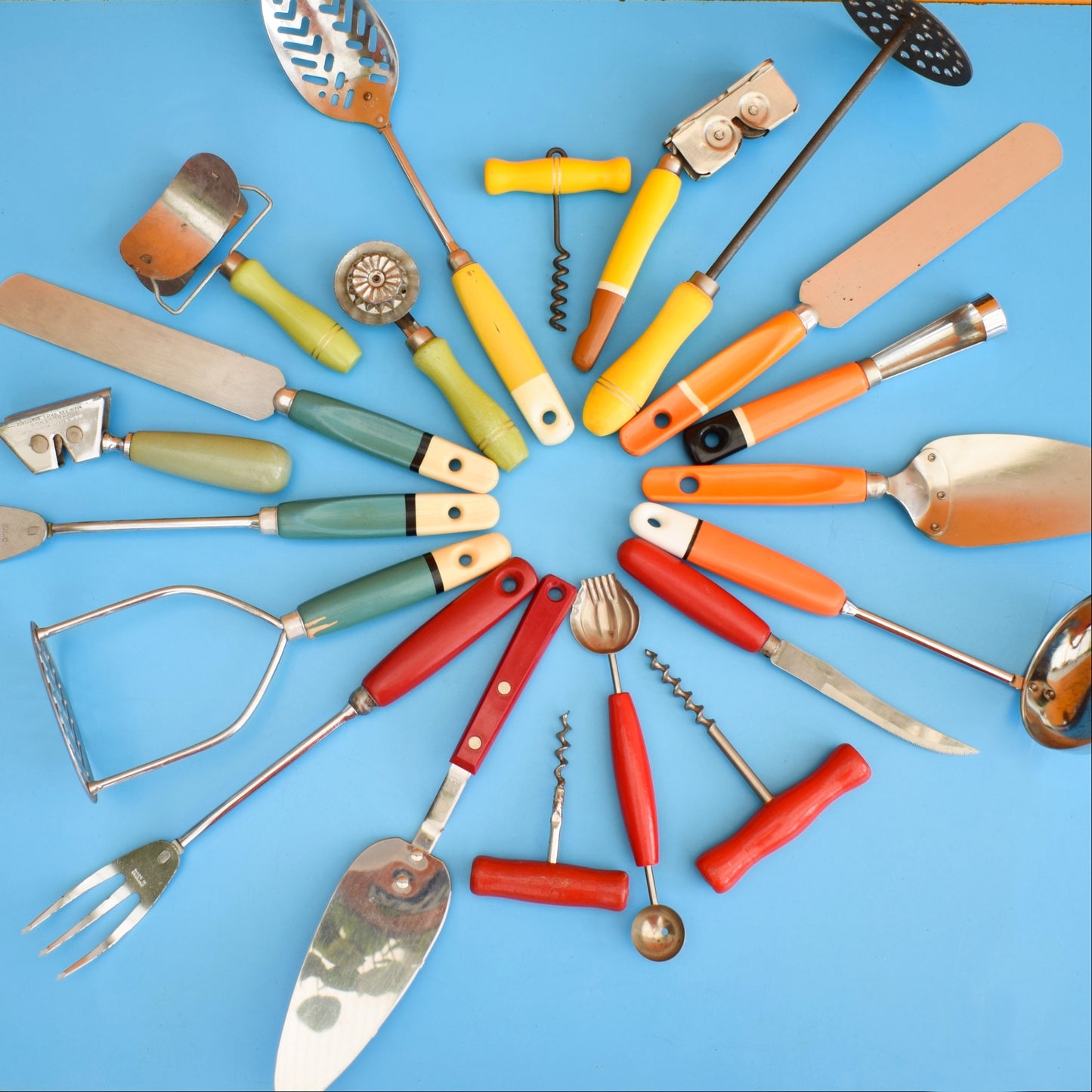 Vintage 1960s Kitchen Utensils - Plastic / Wood Handles - Rainbow Colours