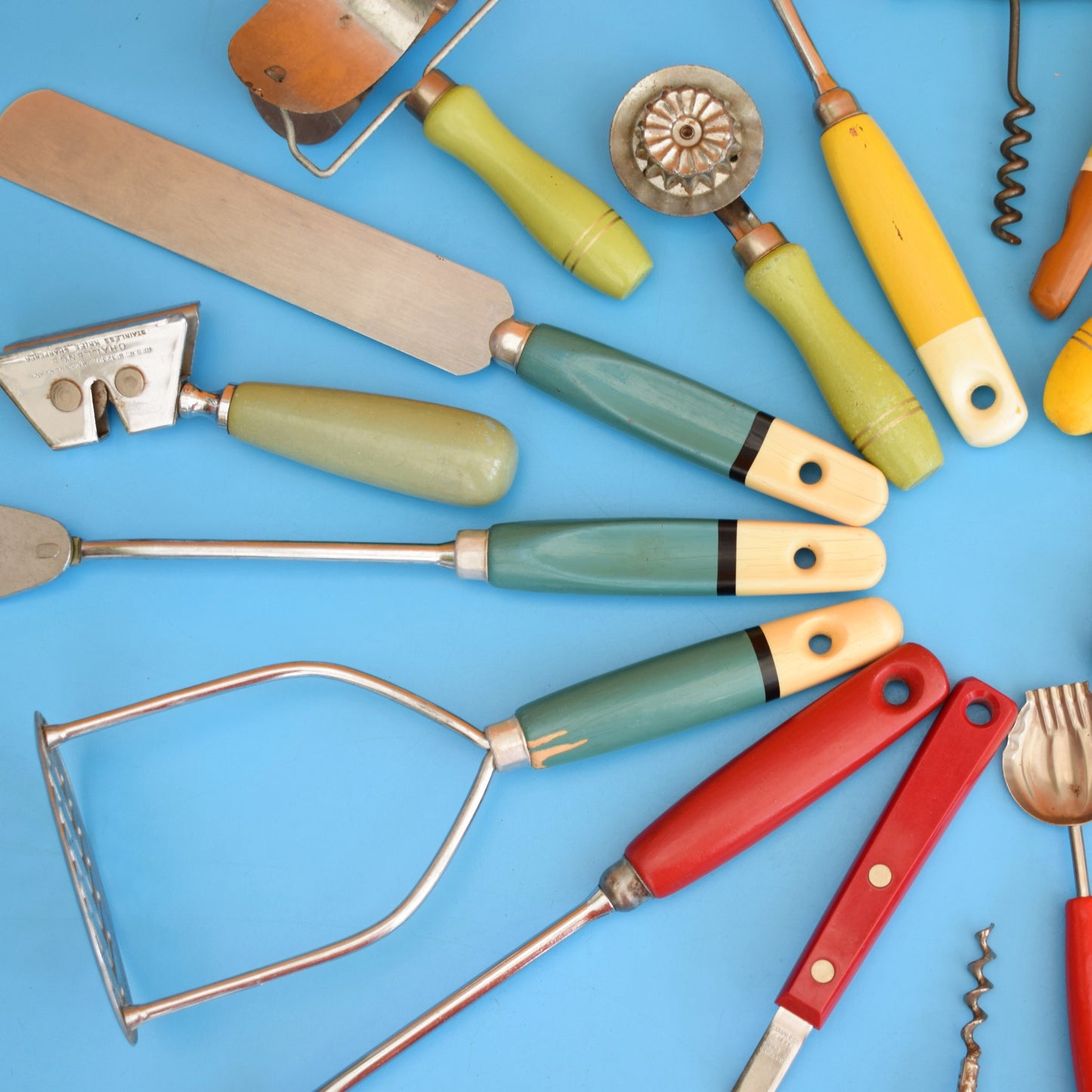 Vintage 1960s Kitchen Utensils - Plastic / Wood Handles - Rainbow Colours