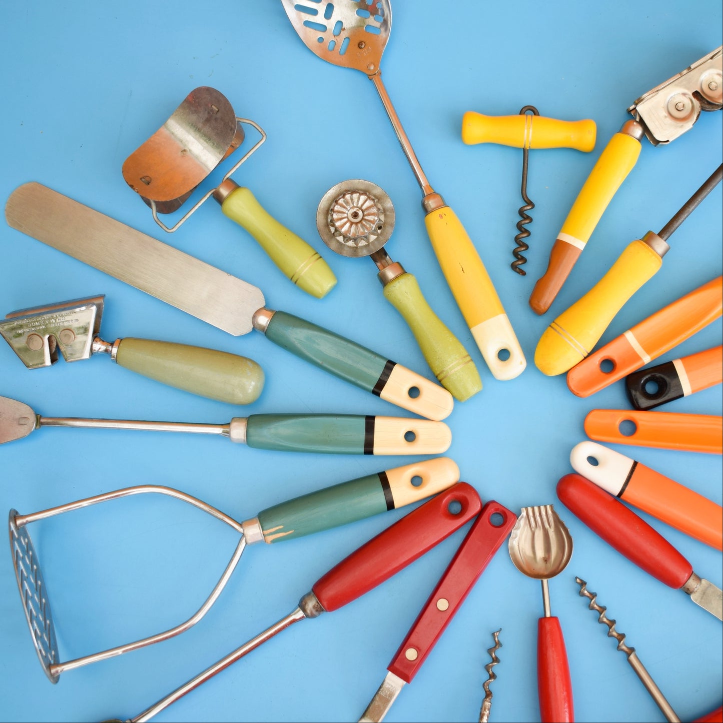Vintage 1960s Kitchen Utensils - Plastic / Wood Handles - Rainbow Colours