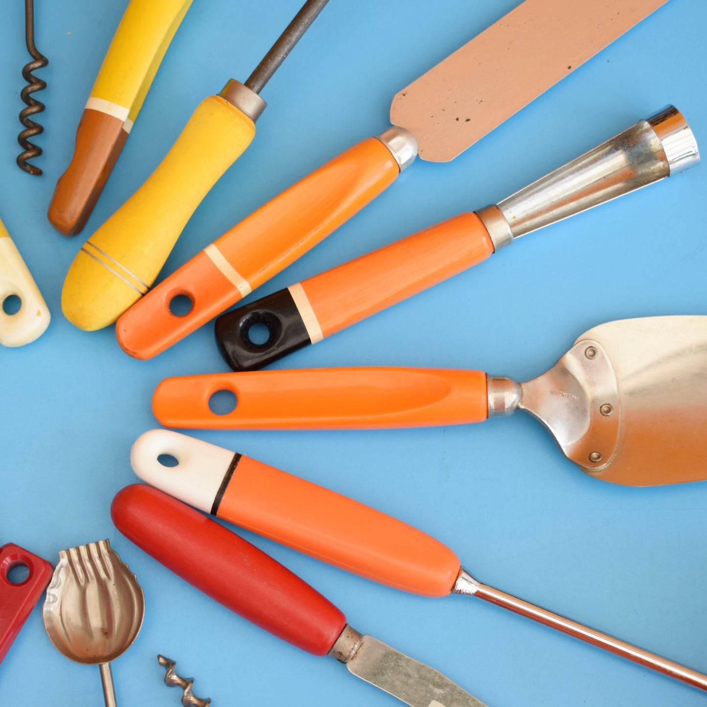 Vintage 1960s Kitchen Utensils - Plastic / Wood Handles - Rainbow Colours