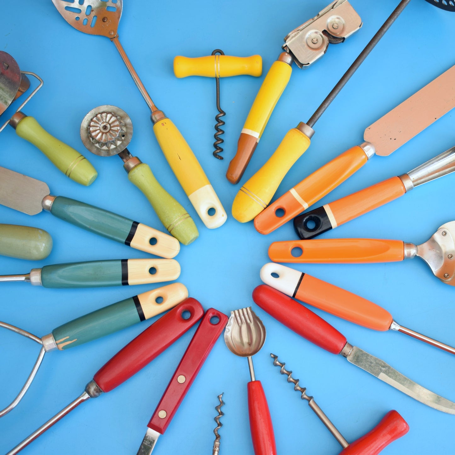 Vintage 1960s Kitchen Utensils - Plastic / Wood Handles - Rainbow Colours