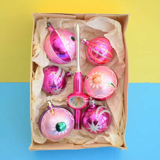 Vintage 1950s Hand Painted Medium Glass Christmas Baubles / Decorations / Topper - Pink & Purple