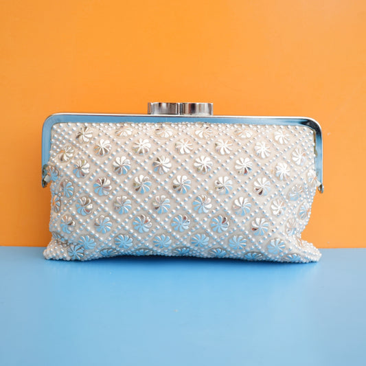 Vintage 1960s Beaded Clutch Bag / Purse - Silver by Vintage
