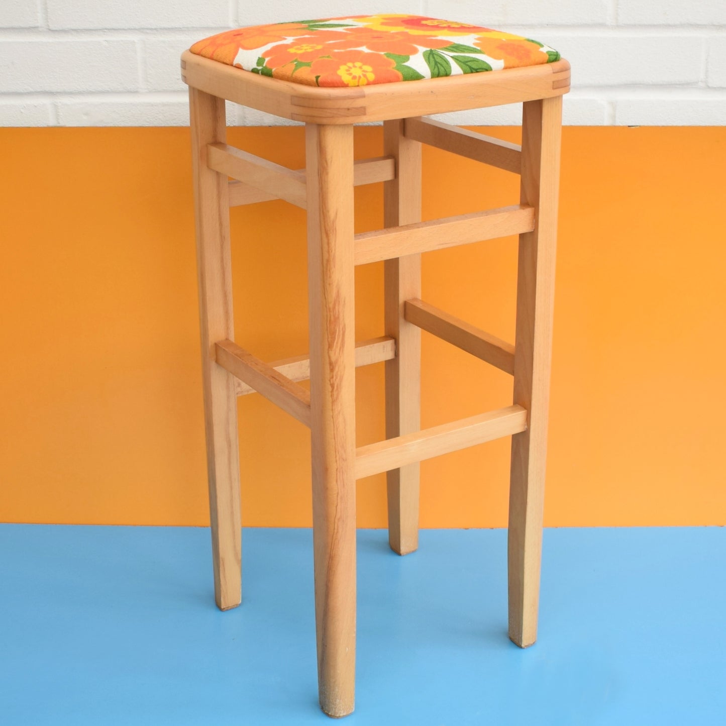 Vintage 1970s Wooden Tall Stool - Orange Flower