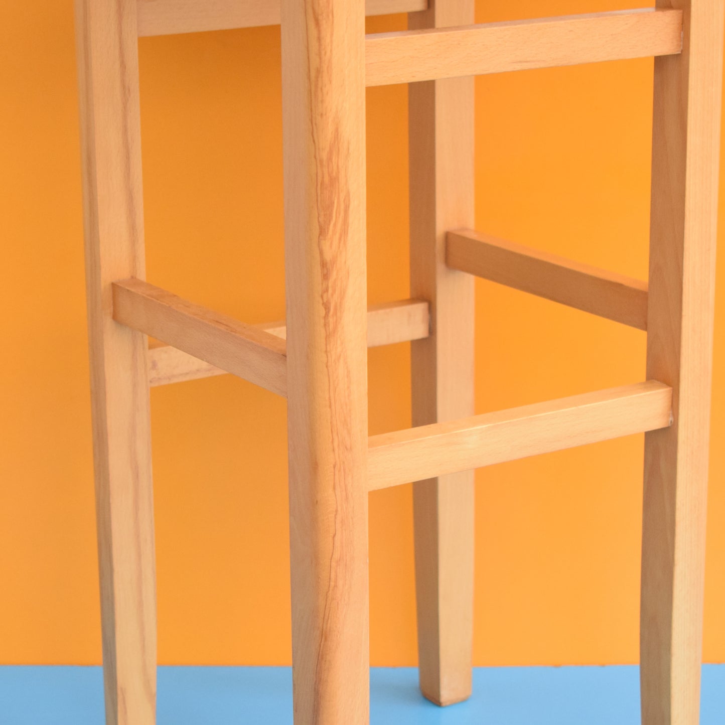 Vintage 1970s Wooden Tall Stool - Orange Flower