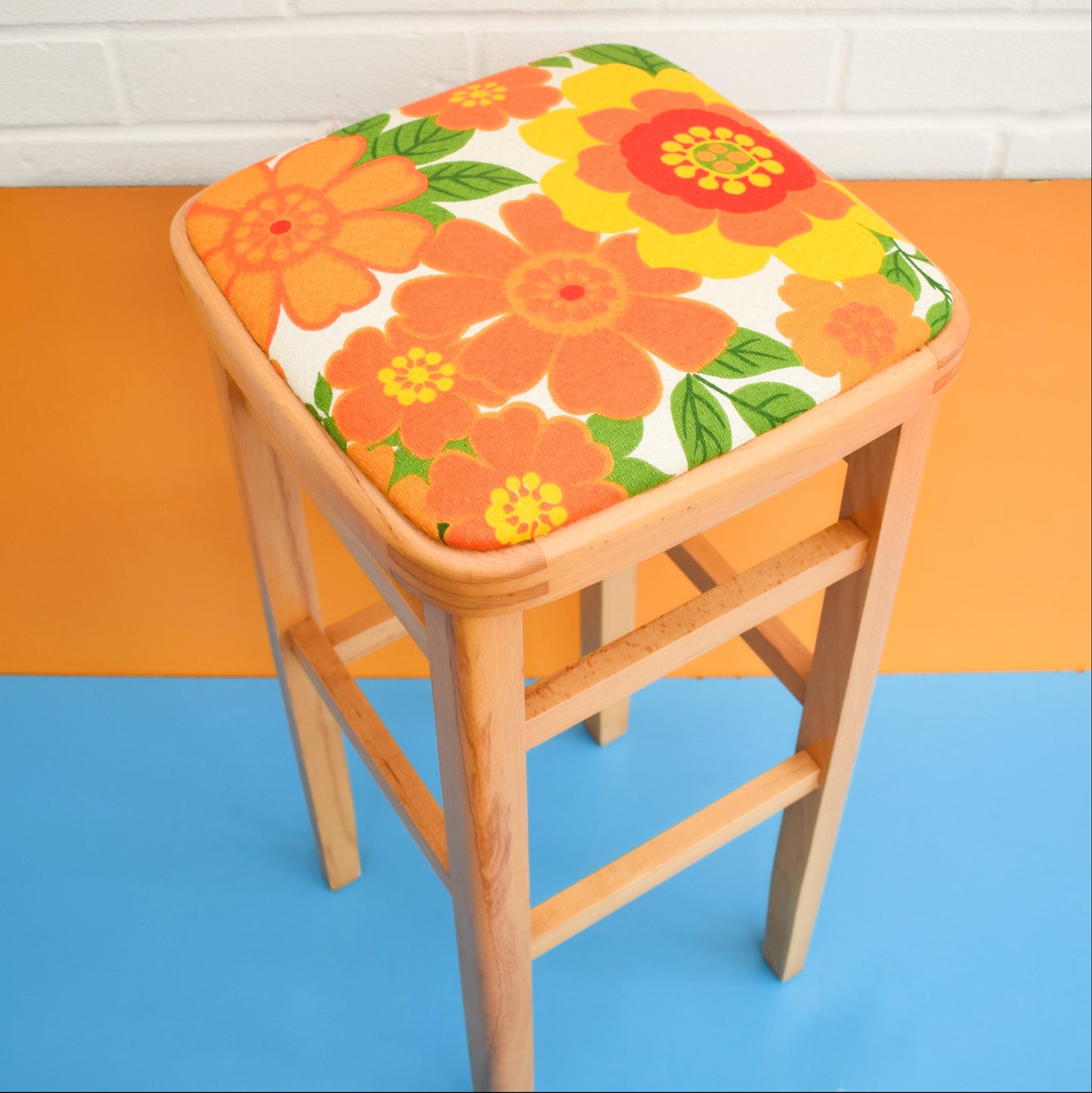 Vintage 1970s Wooden Tall Stool - Orange Flower