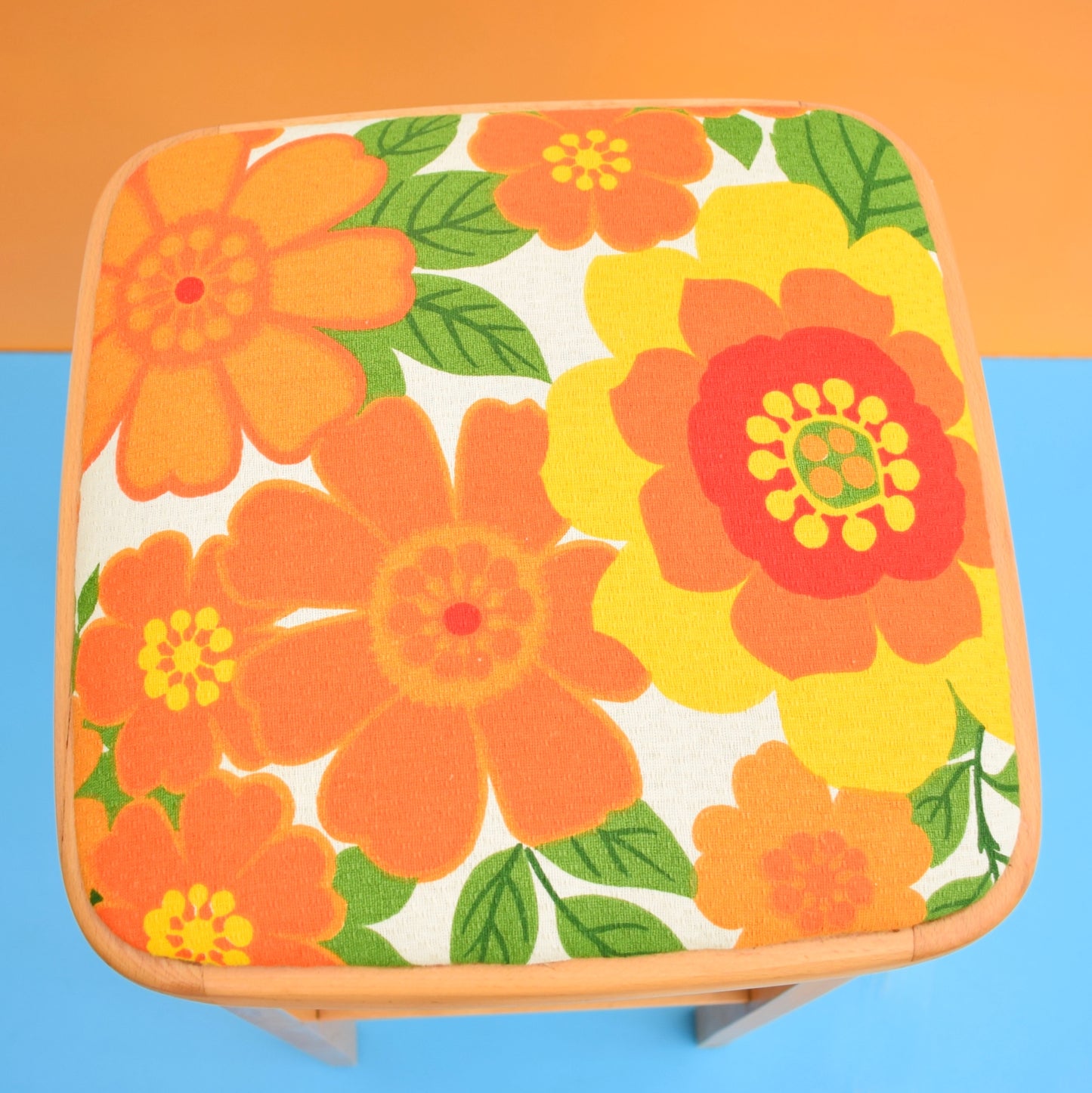 Vintage 1970s Wooden Tall Stool - Orange Flower
