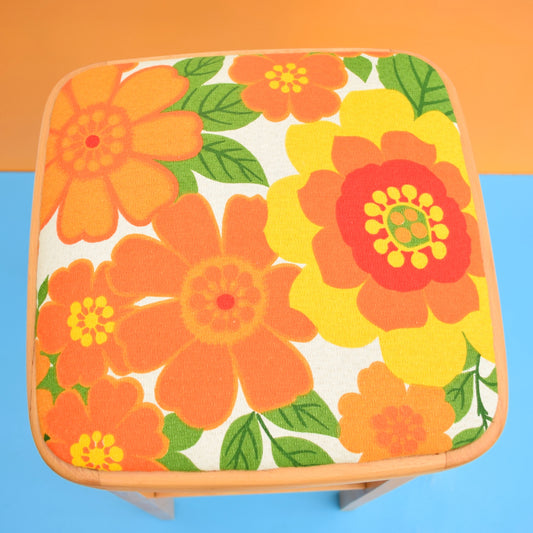 Vintage 1970s Wooden Tall Stool - Orange Flower by Pineapple Retro
