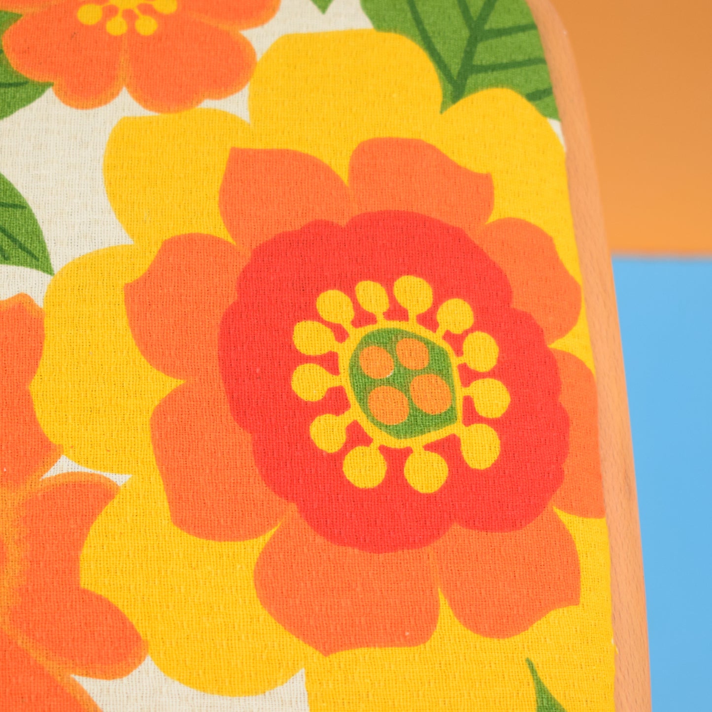 Vintage 1970s Wooden Tall Stool - Orange Flower