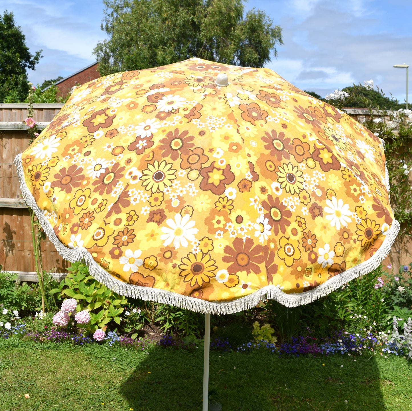 Vintage 1960s Large Folding Garden Parasol - Flower Power - Yellow & Brown