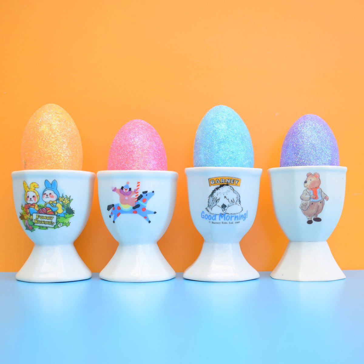 Vintage 1980s Ceramic Egg Cups - Barney, Forever Friends