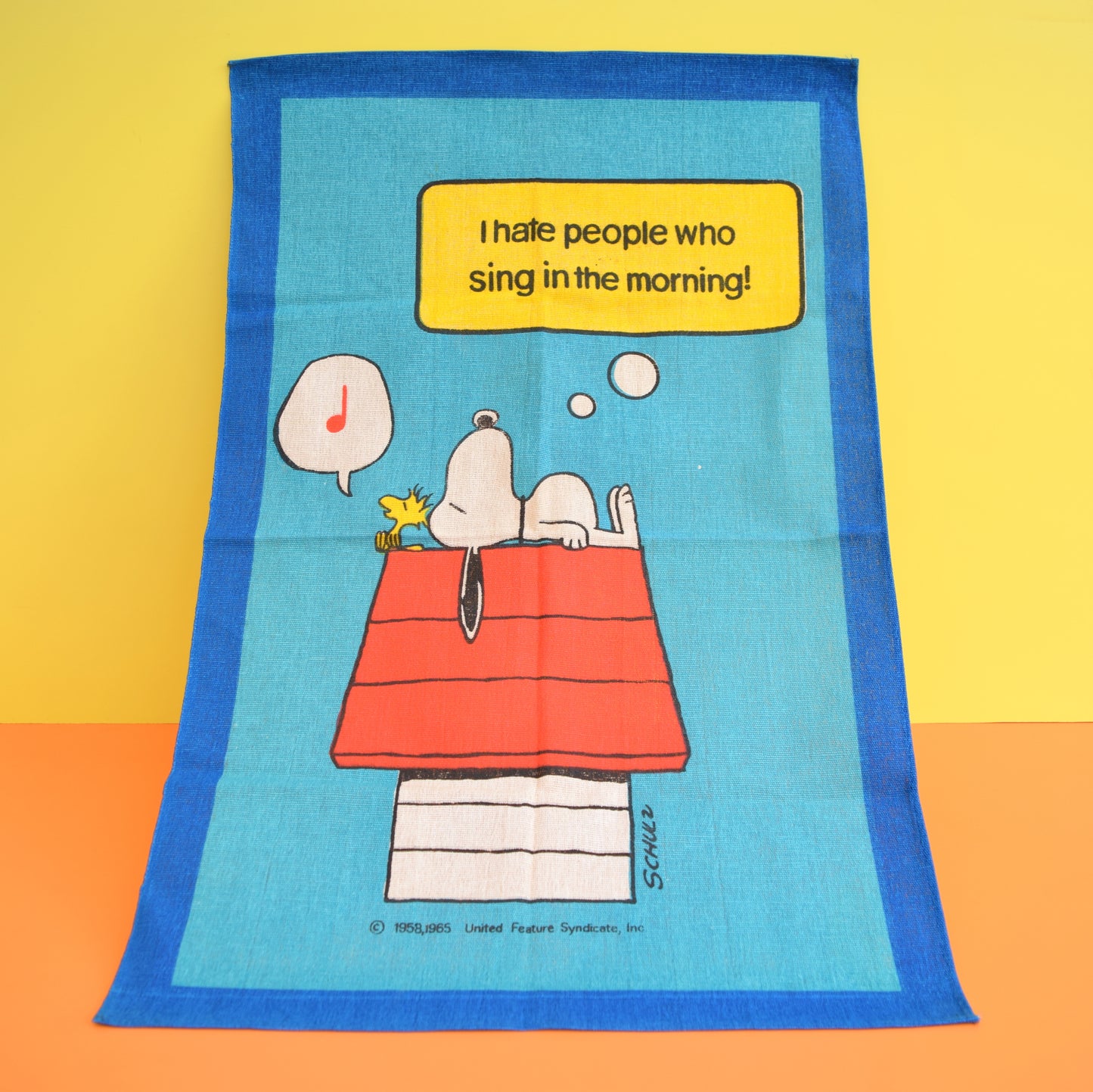 Vintage 1960/70s Cotton Tea Towel -Snoopy - I Hate People Who Sing in The Morning!