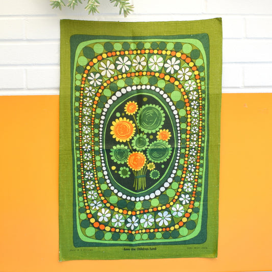 Vintage 1960s Cotton Tea Towel - Flower Power - Green & Orange