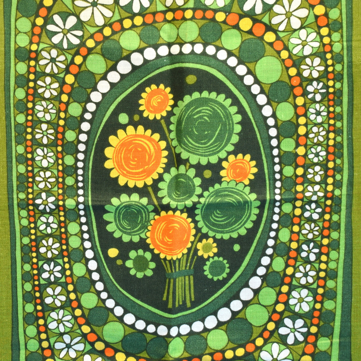 Vintage 1960s Cotton Tea Towel - Flower Power - Green & Orange