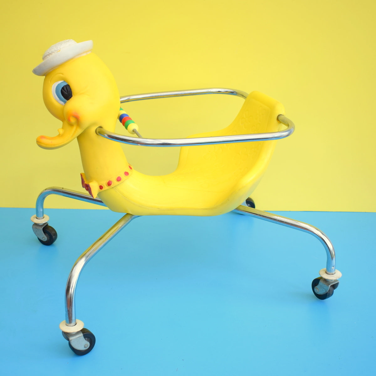 Vintage 1960s Kitsch Plastic / Chrome Mr Duck On Wheels - Canova Italy - Yellow & Chrome