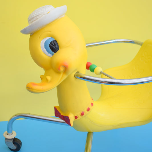 Vintage 1960s Kitsch Plastic / Chrome Mr Duck On Wheels - Canova Italy - Yellow & Chrome
