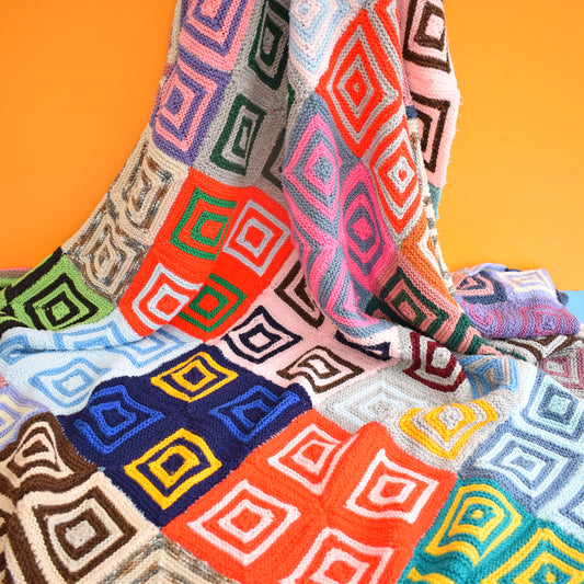 Vintage 1970s Knitted Blanket / Throw - Squares by Vintage