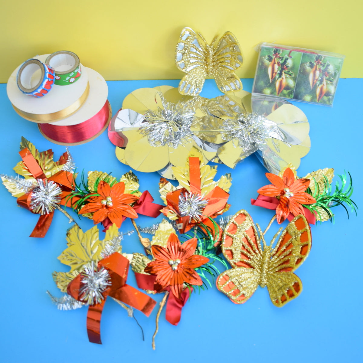 Vintage 1960s Foil Flowers / Plastic Butterflies / Ribbon / Gift Christmas Parcel Wrapping