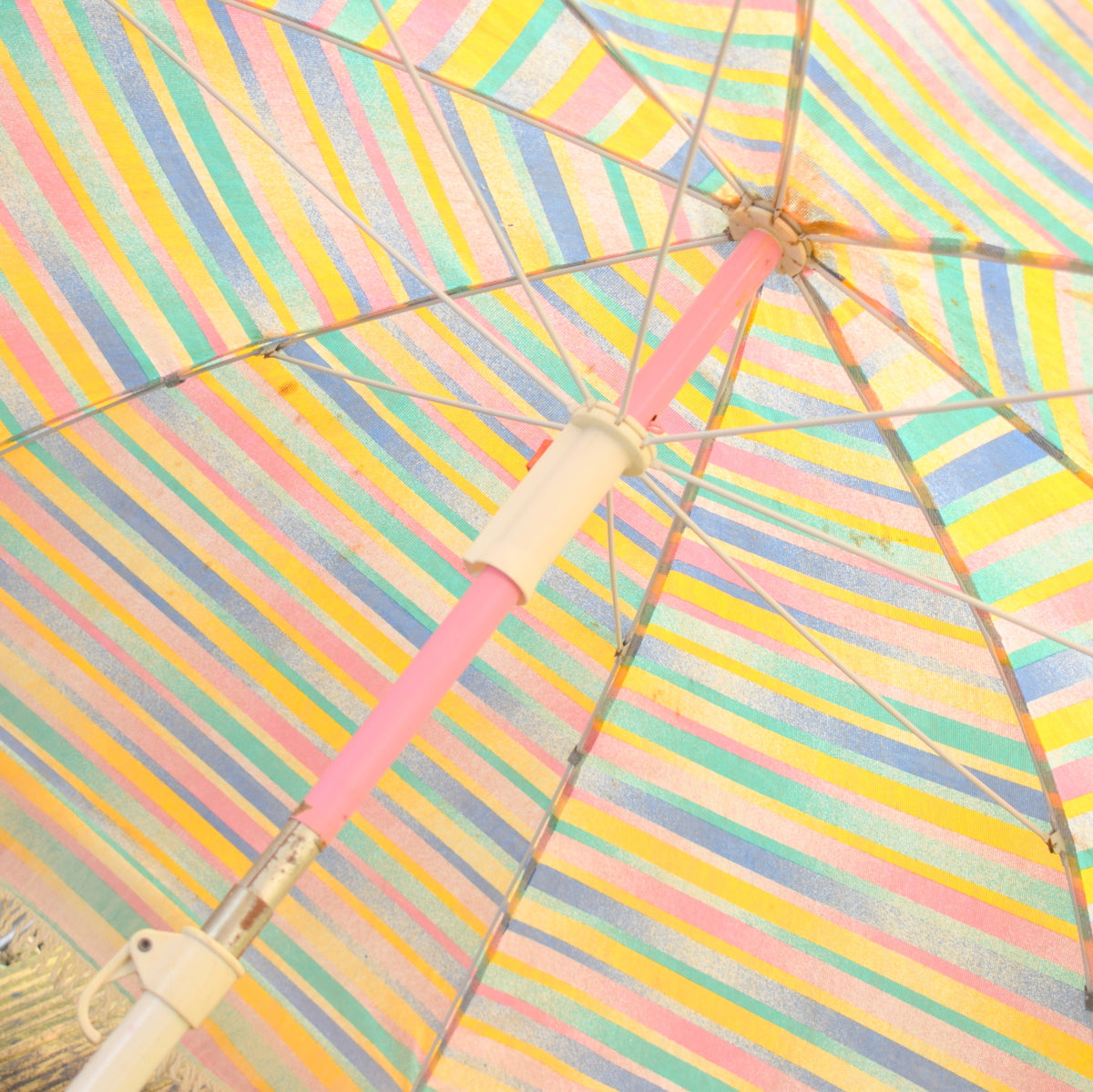 Vintage 1980s - Garden Parasol / Umbrella - Pink, Yellow, Mint