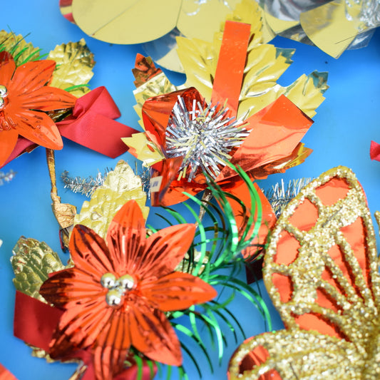 Vintage 1960s Foil Flowers / Plastic Butterflies / Ribbon / Gift Christmas Parcel Wrapping