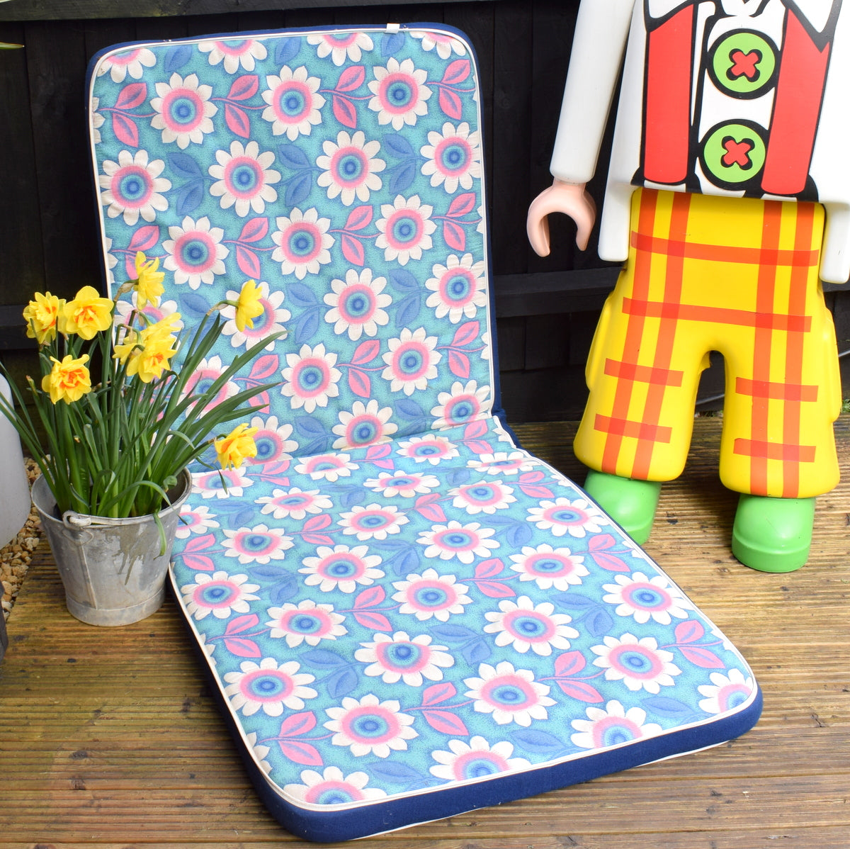Vintage 1960s Garden Cushion / Mattress - Turquoise Flower Power by Vintage