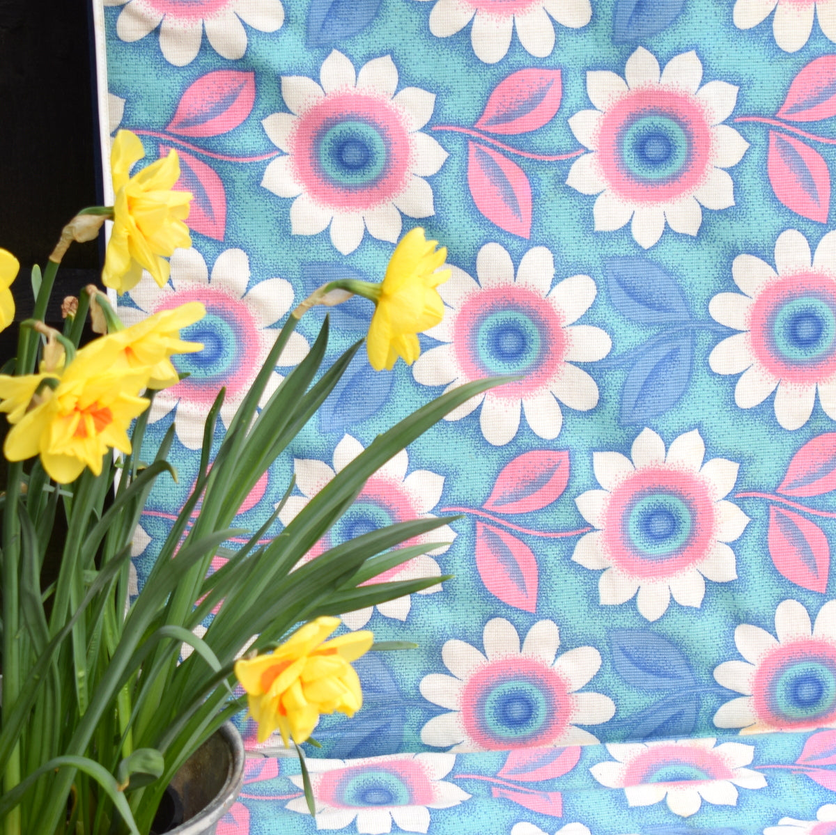 Vintage 1960s Garden Cushion / Mattress - Turquoise Flower Power by Vintage
