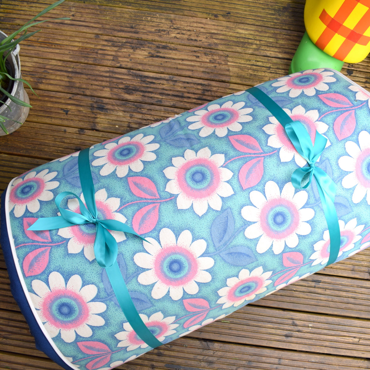 Vintage 1960s Garden Cushion / Mattress - Turquoise Flower Power by Vintage