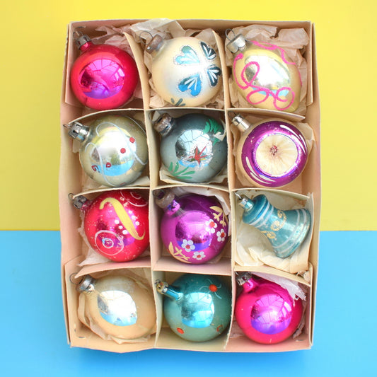 Vintage 1950s Hand Painted Medium Glass Christmas Baubles / Decorations - Pink / Purple / Blue / Silver (Boxed)