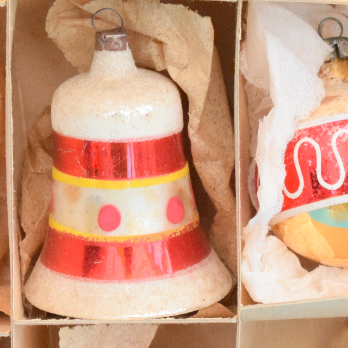 Vintage 1950s Hand Painted Medium Glass Christmas Baubles / Decorations (Bells) - Red / gold / Green (Boxed)