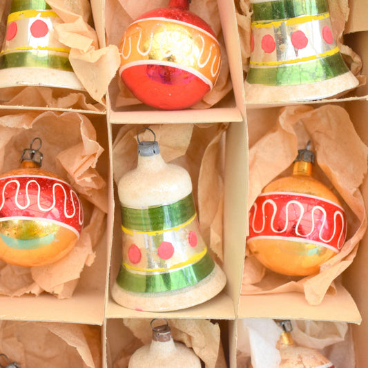Vintage 1950s Hand Painted Medium Glass Christmas Baubles / Decorations (Bells) - Red / gold / Green (Boxed)