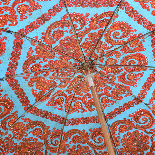 Vintage 1970s Parasol - Paisley Red & Blue by Vintage
