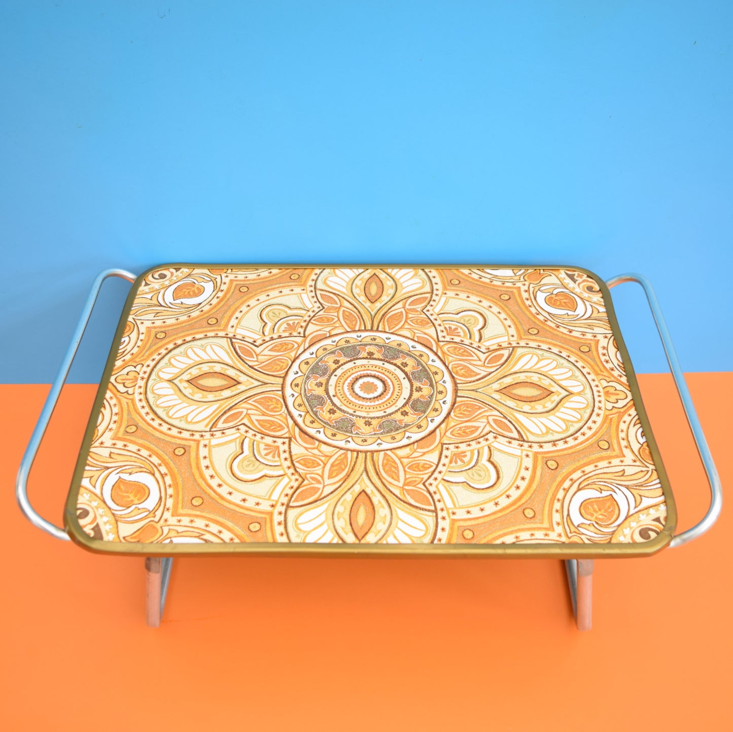 Vintage 1960s Folding Low Garden / Lap / Craft Table - Swirl Flower Power Design -Browns