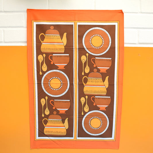 Vintage 1960s Tea Towel - Tableware - Orange / Brown
